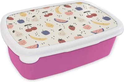 Broodtrommel Roze - Lunchbox - Brooddoos - Design - Fruit - Kawaii - Patronen - 18x12x6 cm - Kinderen - Meisje