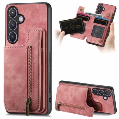 Silicone TPU en kunstleer kickstand retro roze back cover hoesje case met rits - pasjeshouder - telefoonhoesje geschikt voor de Samsung Galaxy A57 5G