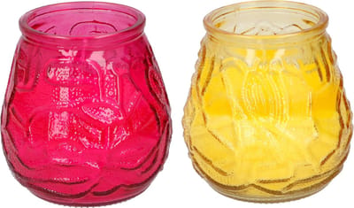Arti Casa 4x stuks Citronella Lowboy tafelkaarsen 10 cm geel en rood glas