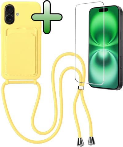 Hoes Geschikt voor iPhone 16 Plus Hoesje Pas Houder Case Hoes Met Koord Met Screenprotector - Hoesje Geschikt voor iPhone 16 Plus Hoes Met Telefoonkoord Pasjeshouder Cover - Geel