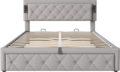 Gotagee Gestoffeerd bed 160x200cm tweepersoonsbed (zonder matras) hydraulische opbergruimte beddengoed grijs met downlight en USB-interface ruitvormig hoofdeinde
