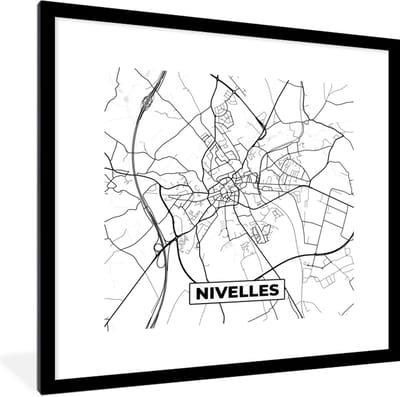 Fotolijst incl. Poster Zwart Wit- Zwart Wit – België – Plattegrond – Stadskaart – Kaart – Nivelles - 40x40 cm - Posterlijst