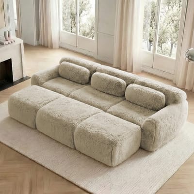 DESMIU Slaapbank 291 x 179 x 73 cm - Modulaire 3-Zits Bank Met 3 Ottomans En Zachte Pluche Stof - Voor Woonkamer - Licht Khaki