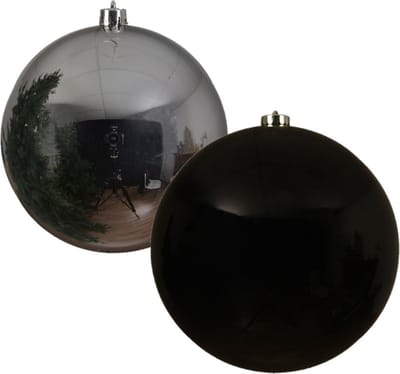 2x stuks grote kerstballen van 20 cm glans van kunststof zwart en zilver - Kerstversiering