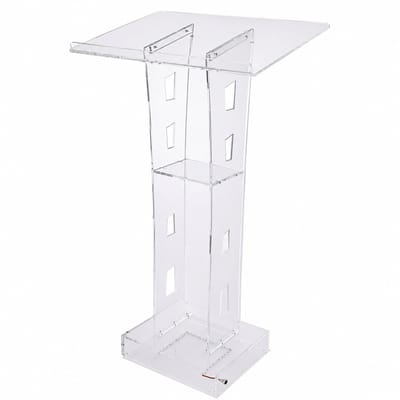 Sello! spreekgestoelte – lessenaar – ergonomisch gekanteld bovenblad – ruim leesplatform – anti sliprand – licht – transparant