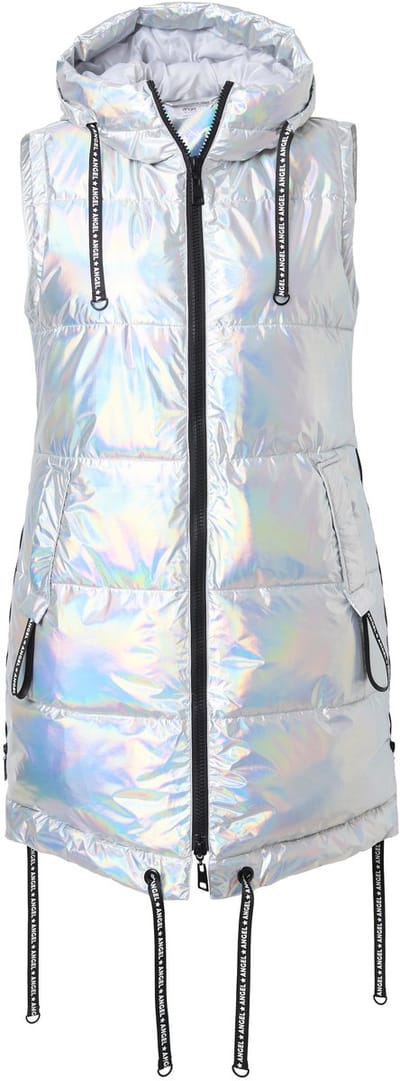 Angel of Style - Dames - Lange doorgestikte bodywarmer A-lijn capuchon - Zilver - Maat 46