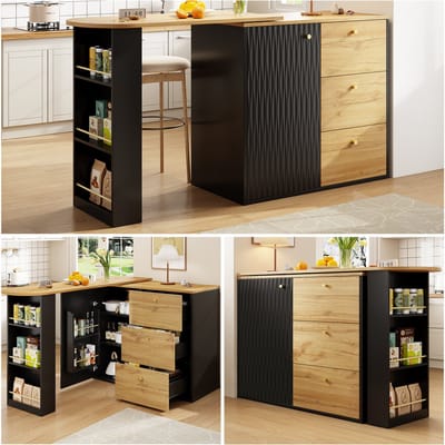 Bartafel - 138-204x39x104 cm - Uitschuifbaar en 360° Draaibaar - Keukeneiland met Planken - Hout