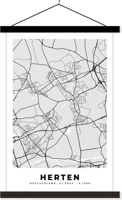 Posterhanger incl. Poster 40x60 cm - Schoolplaat - Kaart - Stadskaart - Duitsland - Herten - Plattegrond - Textielposter - Zwarte latten - Stadskaart