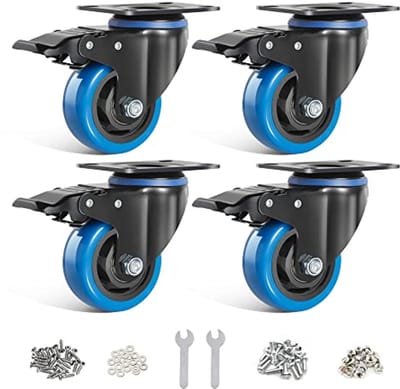 76mm blauwe zwenkwielen set van 4 - zwenkwielen tot 500KG met rem, 360° draaibaar, ideaal voor binnen- en buitengebruik