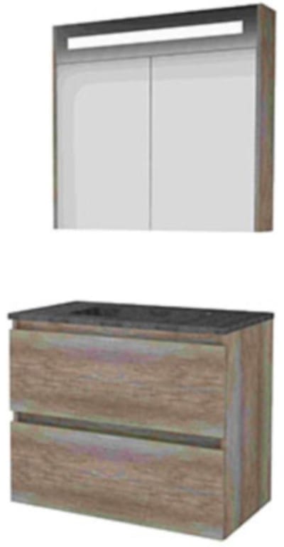 Basic-Line Premium 46 Badkamermeubelset - 80 x 46 cm - Greeploos - 2 Lades - Hardstenen Wastafel - 1 Kraangat - Spiegelkast met LED Verlichting - Scotch Oak