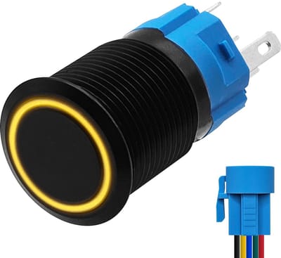 ProRide Metalen Drukschakelaar 12V ON-OFF - 16mm - Aan/uit schakelaar met Aansluitkabel - Spatwaterdicht - 12V/24V - LED Indicatie Geel
