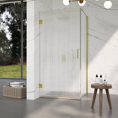 FugaFlow Eccelente Vetro Douchecabine - 80x90x200cm - scharnieren - deurgreep - stabilisatiestang - helder geribbeld - veiligheidsglas - Geborsteld messing PVD (Goud)