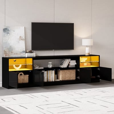 TV-Meubel - 180 x 35 x 60 cm - LED Lowboard met 4 Deuren - 8 Vakken - Hoogglans - Zwart