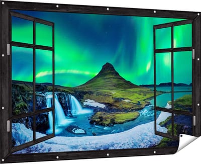 Gards Tuinposter Doorkijk Noorderlicht bij de Watervallen in IJsland - 180x120 cm - Tuindoek - Tuindecoratie - Wanddecoratie buiten - Tuinschilderij