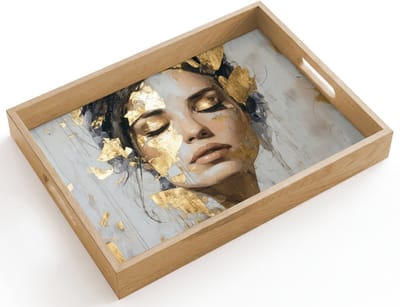 Dienblad hout 40x30 cm - Schootdienblad - Sierlijk - Vrouw - Goud - Ogen - Borrelplank rechthoek - Plateau dienbladen