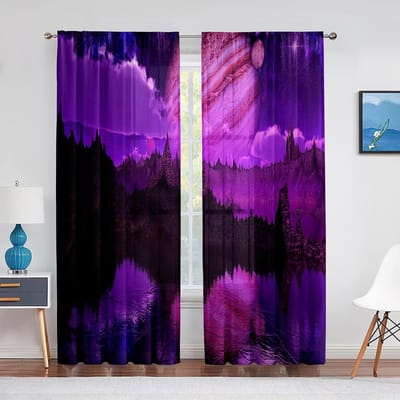 Paars Bloemenveld Eenzame Boom Fantasie Lucht Tule Gordijnen voor Woonkamer Slaapkamer Keuken Transparante Voile Gordijnen Raam Draperieën 1 PCS W100XH250cm&Grommet Top