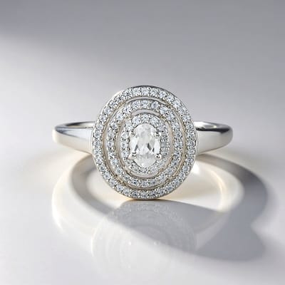 Cavill - Elegante zilveren ring 925 Sterling Zilver - Ovale Cambodjaanse Zirkoon 0,60 ct & 76 ronde zirkonen 1,21 ct - Modern halo design