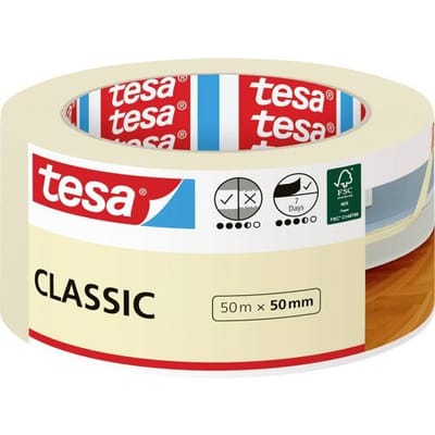 tesa schilderstape CLASSIC, 50 m × 50 mm, binnenzijde, schone randen, oplosmiddelvrij, restenvrij 10 dagen