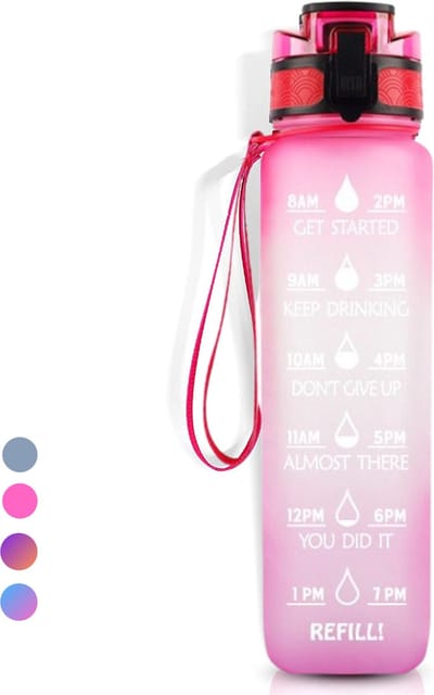 LaCardia Motivatie Waterfles 1 liter - Drinkfles met Fruitfilter & Tijdmarkering - BPA vrij - Drinkbus Voor Kinderen en Volwassenen - Sportfles & Travel mug - Roze Paars