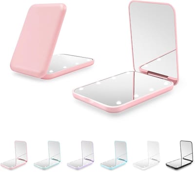LED Make-up Spiegel - Opvouwbare Handspiegel - Zakspiegel - 2x Vergroting - 8 LED - Roze
