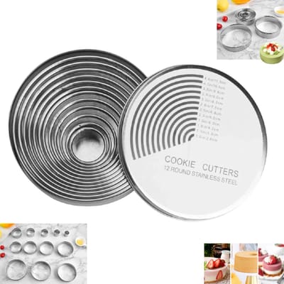 12-delige set - Ronde cakevorm - Roestvrijstalen moussevorm - Ronde snijvorm - Koekjesvormenset - Donutvorm - Ronde gebaksvorm in verschillende maten - Zilver - Gemakkelijk te ontvormen - Geschikt voor bakken, het maken van donuts en sandwiches