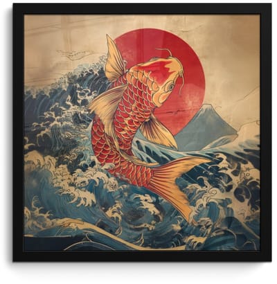 Poster in lijst - Fotolijst 40x40 cm - Posters - Koi - Zee - Golven - Zon - Posterlijst zwart - Decoratie - Wanddecoratie woonkamer - Muurdecoratie slaapkamer