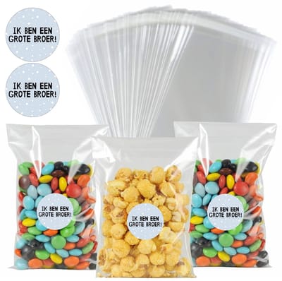 50x Uitdeelzakjes + 60 Stickers Ik Ben Een Grote Broer! - Zakjes Met Plakstrip - Zelfklevende Zakjes - Uitdeelzakjes - Traktaties - Transparant - 10x15cm - 50 Stuks