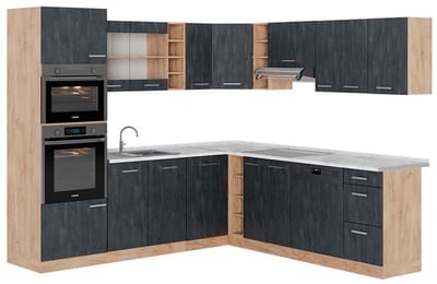 Vicco Hoekkeuken R-Line, Zwart beton/Goudkleurig Eiken, 247 x 237 cm WB Marmer