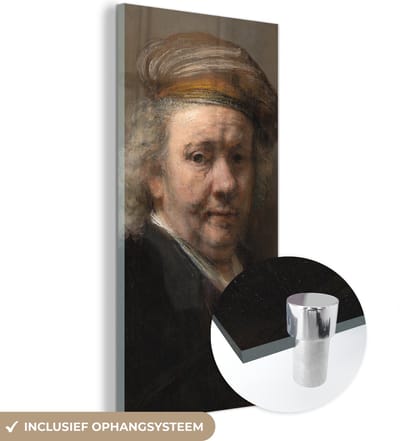 MuchoWow® Glasschilderij 20x40 cm - Schilderij acrylglas - Zelfportret - Schilderij van Rembrandt van Rijn - Foto op glas - Schilderijen