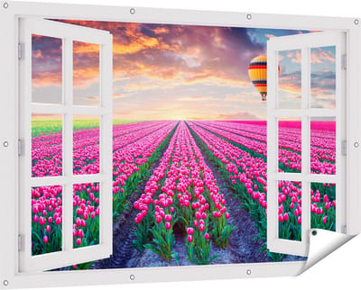 Gards Tuinposter Doorkijk Bloemenveld met Roze Tulpen - Luchtballon - 150x100 cm - Tuindoek - Tuindecoratie - Wanddecoratie buiten - Tuinschilderij