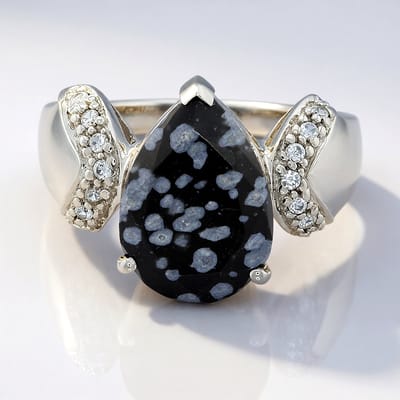 Cavill - Zilveren ring - 925 Sterling Zilver - Sneeuwvlok Obsidiaan 3.79 ct - Zirkonia's 0.22 ct - Peervorm - Elegante v-prong zetting