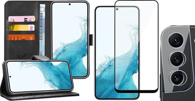 Hoesje geschikt voor Samsung Galaxy S22 - Book Case Kunstleer Wallet Cover Portemonnee Pasjeshouder Hoes Zwart - Full Tempered Glass Screenprotector - Camera Lens Protector