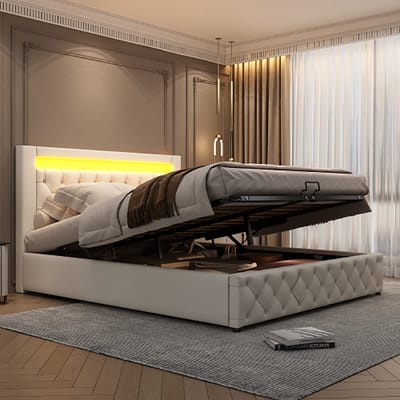 KOMHTOM Bed Tweepersoonsbed 160x200 cm Volwassenenbed met lattenbodem LED-verlichting en opbergvak wit PU