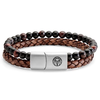 Icon | Armband van Rode Tijgeroog, Onyx en Vintage Leer