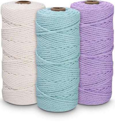 Macramé Garen Set, Macramégaren 3 mm x 100 m, Zacht katoenen garen, macramé katoenen garen, voor handwerk, doe-het-zelf, plantenhanger (wit, lichtviolet, aquamarijn)