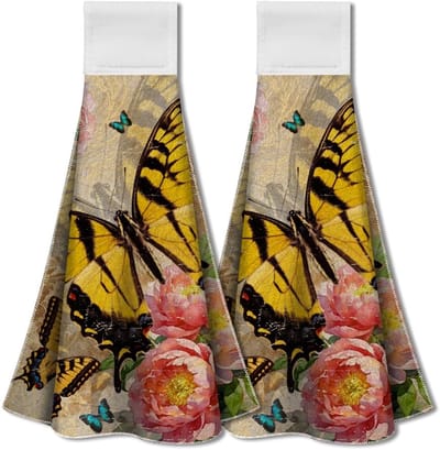Dailygoods - WADORN 2 Pack vlinder pioen bloem keuken opknoping handdoeken met lus, vintage bloemen hand stropdas handdoek sneldrogende zachte absorberende schotel thee washandje voor koken keuken badkamer