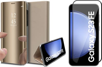 Hoesje geschikt voor Samsung Galaxy S23 FE - Screenprotector Volledig Dekkend Glas - Spiegel Book Case Goud