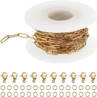 1 rol echte 18K vergulde 5m paperclip ketting, 12x4mm roestvrijstalen bulk, 10 lobster sluitingen, 30 open ringetjes voor sieraden maken