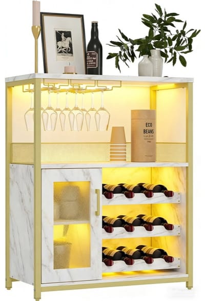 Wijnkast met LED-verlichting, barkast met verstelbare flessenrekken & glazenhouder, drankopslag voor keuken & eetkamer, 70x35x92 cm, goudkleurig