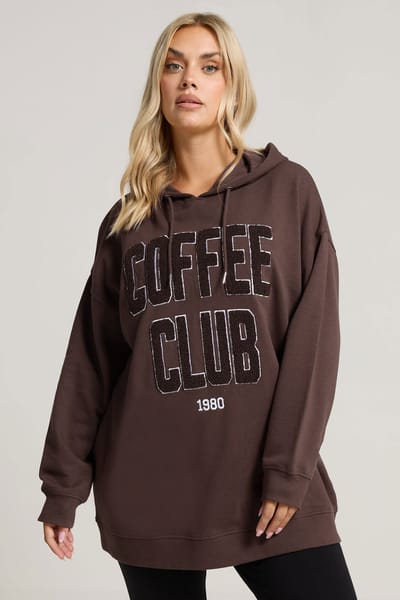 Yours Bruine 'Coffee Club' Slogan Hoodie Size 42