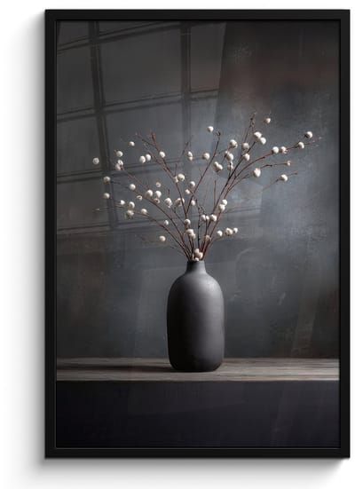 Poster in lijst - Fotolijst 60x90 cm - Posters - Takken - Vaas - Bolletjes - Wit - Posterlijst zwart - Decoratie - Wanddecoratie woonkamer - Muurdecoratie slaapkamer