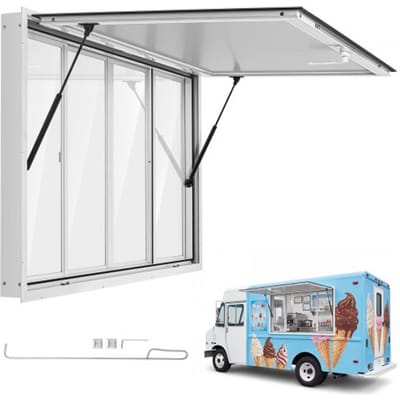 VEVOR Food Truck Verkoopraam 1524 X 915 mm, Gemaakt van Aluminiumlegering, Verkoopraam voor Foodtrucks, Opent tot 85°, 4 Acryl Schuiframen, Verkoopklep, Trekhaak, Regenhoes