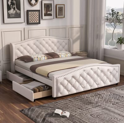 Gestoffeerd bed 160 x 200 cm - met lattenbodem, 2 lades en geklonken hoofdeinde - hout en kunstleer - wit - tienerbed/logeerbed