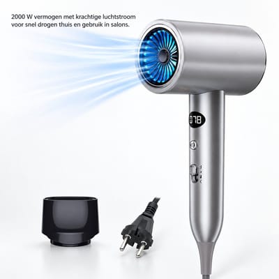 Haardroger - 2000 W zilverkleur - blauw licht en constante temperatuur - opvouwbare handgreep met ronde stekker - enkel concentratormondstuk, verpakking 560 g
