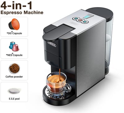 HiBREW H3D 4-in-1 Koffiecupmachine - 20 Bar - Voor NS/DG/ESE/Pods & Gemalen Koffie - Warm & Koud - 7 Waterniveaus - Roestvrijstaal - Zwart