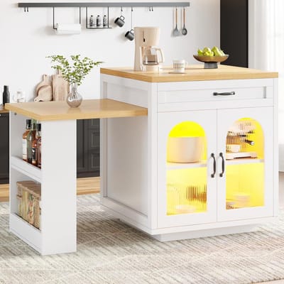 Keukeneiland met LED - Moderne opberger - Extra werkruimte - Uittrekbaar tafelblad - 196 cm lengte - Wit