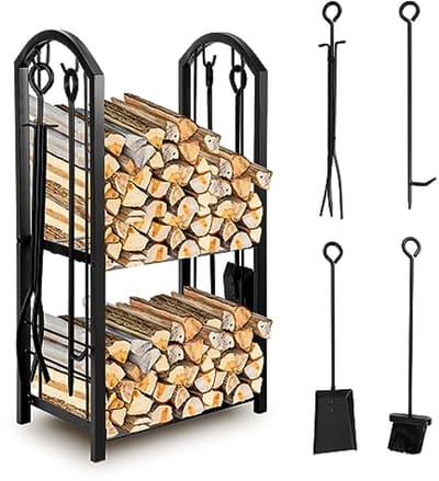 Houtopslag met 2 niveaus en haardgereedschap - 37 x 33 x 74 cm