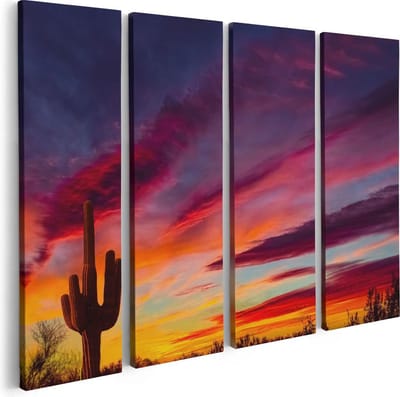 Artaza Canvas Schilderij Vierluik Cactus bij Oranje Zonsondergang - 80x60 - Foto Op Canvas - Canvas Print
