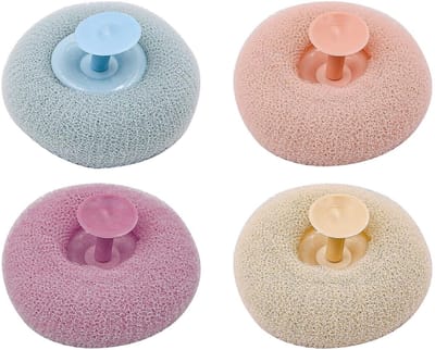 Dailygoods- Bad Spons 4 Stuks - Zonnebloem Massage Spons - Exfoliërende Spons - Multifunctionele Douche Spons - PU Materiaal - Inclusief Zuignap - Douchespons