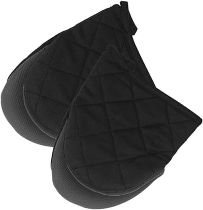 Mini ovenwanten- 2-pack korte ovenwanten, hittebestendige handschoenen van 500 graden- pannenlap met antislipoppervlakken en ophanglus voor hete potten-kookgerei -bakgerei (mini, zwart)